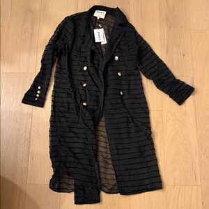 L'AGENCE Black Sheer Striped Double-Breasted Duster with Gold Buttons